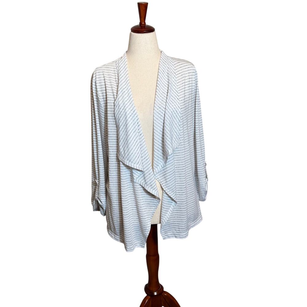 Chico's Zenergy cardigan open front gray & white stripe tab sleeve Sz 3 US XL